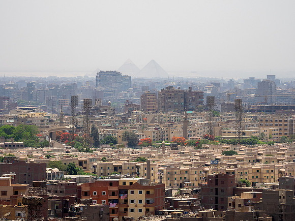 View of Pyramids in very back looking across Cairo from Mosque of Muhammad Ali